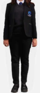 Image shows girl's uniform when wearing black trousers. These must be tailored, not skinny or slim fit, nor jeans or leggings. They should be worn with a white shirt, black v-neck jumper, tie, blazer, black socks and school shoes.