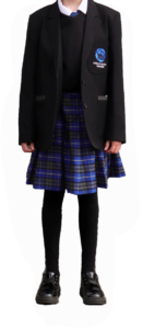 Image shows girl's uniform when wearing the tartan skirt. The skirt should be the blue tartan Davenport skirt worn at knee length. It should be worn with a white shirt, black v-neck jumper, tie, blazer, black opaque tights or socks and school shoes.