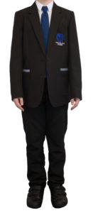 Image shows boy's uniform. The trousers must be tailored, not skinny fit, nor jeans or leggings. They should be worn with a white shirt, black v-neck jumper, tie, blazer, black socks and school shoes.