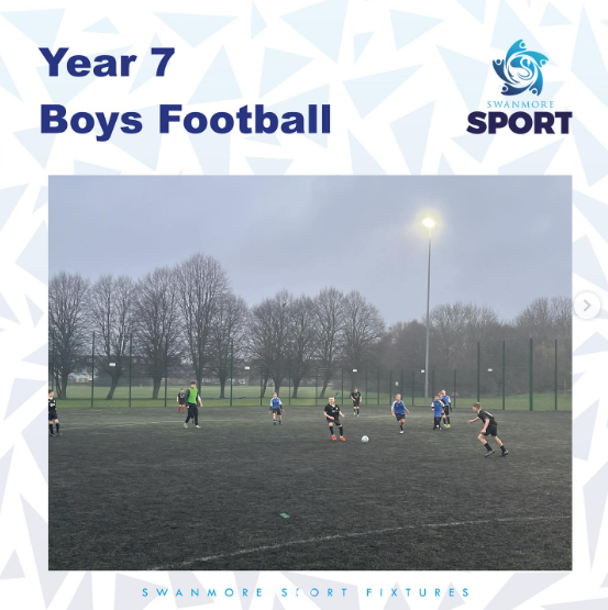 Image shows the Y7 boys' football team playing in dull, cold and rainy conditions at Mountbatten School against Toynbee.