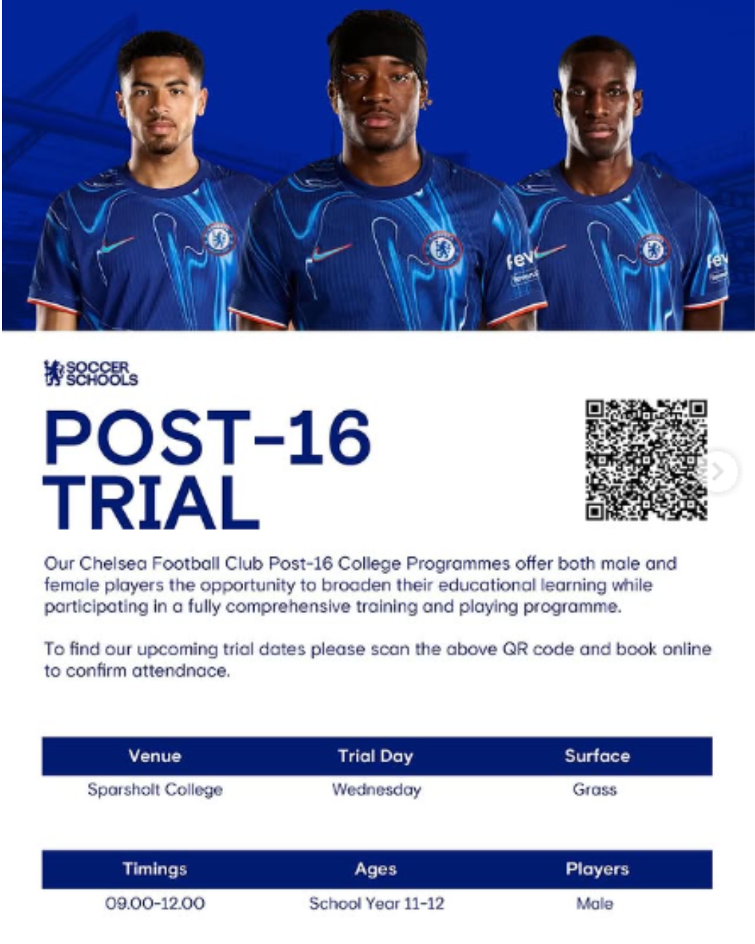 Image shows details and a QR code for the Post-16 trial for the Chelsea Football Club post-16 college programme at Sparsholt College