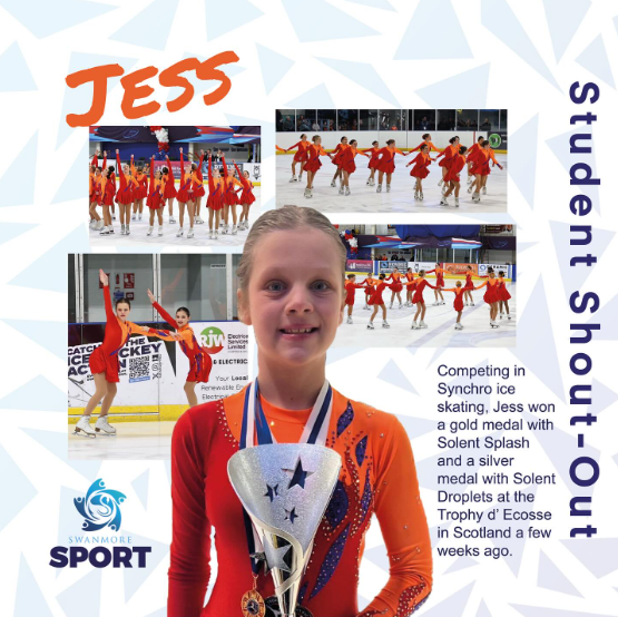 Image shows Jess holiding a trophy and wearing her medals, infront of other pictures of the teams performing their routines.