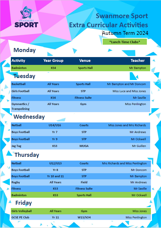 Image shows the PE clubs running during Autumn term 2024. This can be downloaded as a PDF below. The clubs are listed in the tables above.