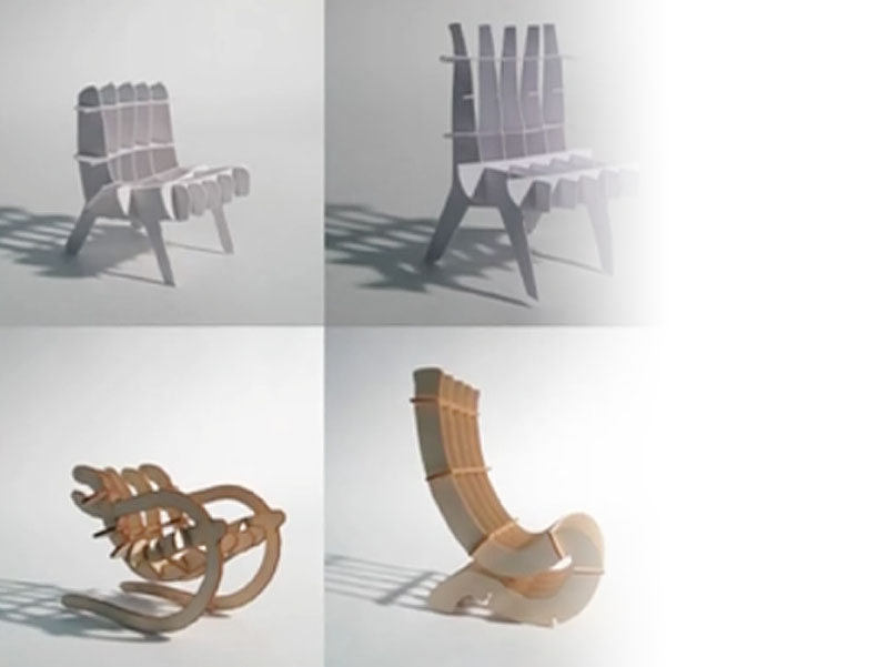 Image shows 4 different chairs created using narrow slats of wood