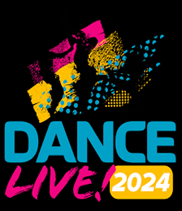 Image shows the Dance Live 2024 logo coloured bright blue, pink and orange against a black background