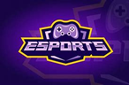 Image shows an Esports logo - the word Esports over a shield with a gaming controller above it on a purple to black gradient background