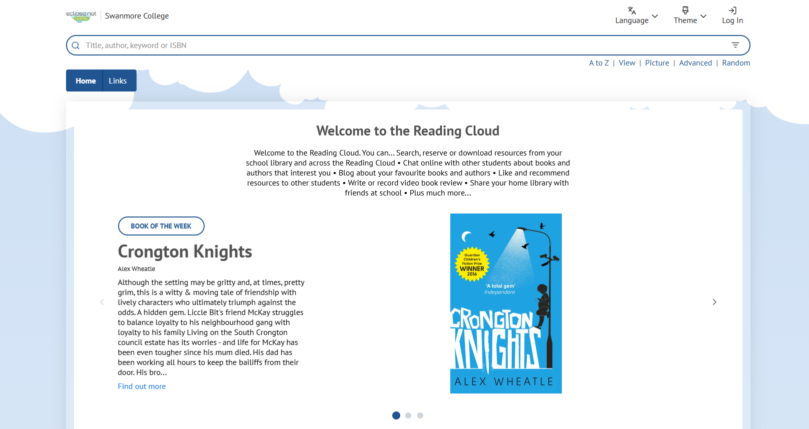 Image shows the homepage of the Reading Cloud website