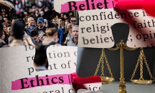 Image contains 4 pictures - 1. a crowd of people  2. part of a dictionary definition of Ethics 3. part of a definition of belief 4. gold scales