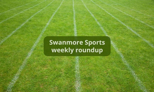 Image shows a grass field with white lines painted on it for a 100 metre race, and the words Swanmore Sports weekly roundup