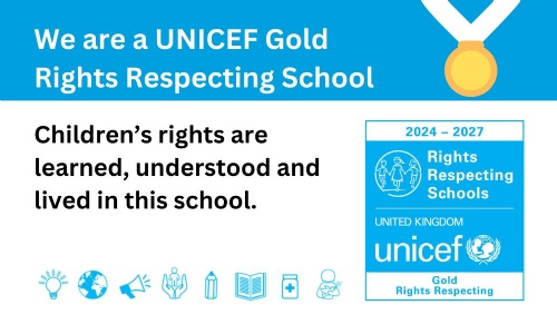 Image shows a gold medal and say We are a UNICEF Gold Rights Respecting School. Children's rights are learned, understood and lived in this school.