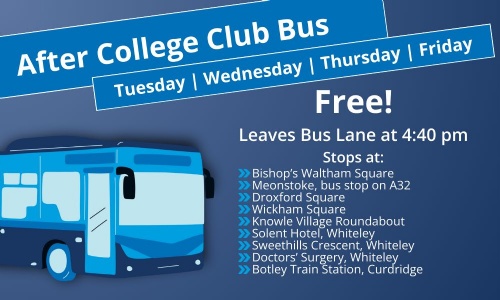 Image shows the poster for the free after College bus which runs on Tuesdays, Wednesdays, Thursdays and Fridays