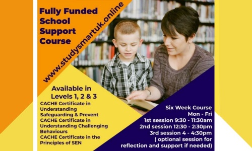 Image shows a poster for fully funded school support course - further information is available on their website;  link in the text below